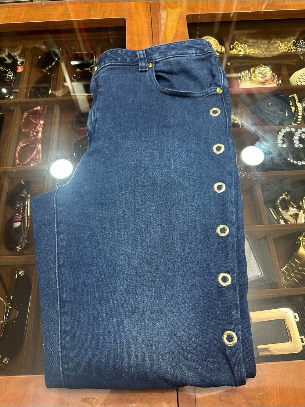 Michael Kors Dark Blue High-Rise Jeans with Gold Eyelet Trim